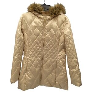 Liz Claiborne Quilted Puffer Coat Faux Fur Hooded Jacket Womens Light Staining